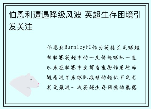 伯恩利遭遇降级风波 英超生存困境引发关注 伯恩利遭遇降级风波 英超生存困境引发关注