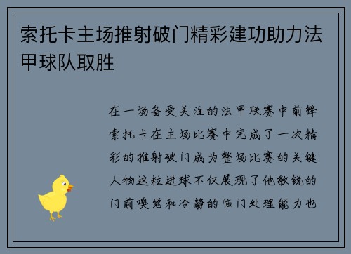 索托卡主场推射破门精彩建功助力法甲球队取胜 索托卡主场推射破门精彩建功助力法甲球队取胜